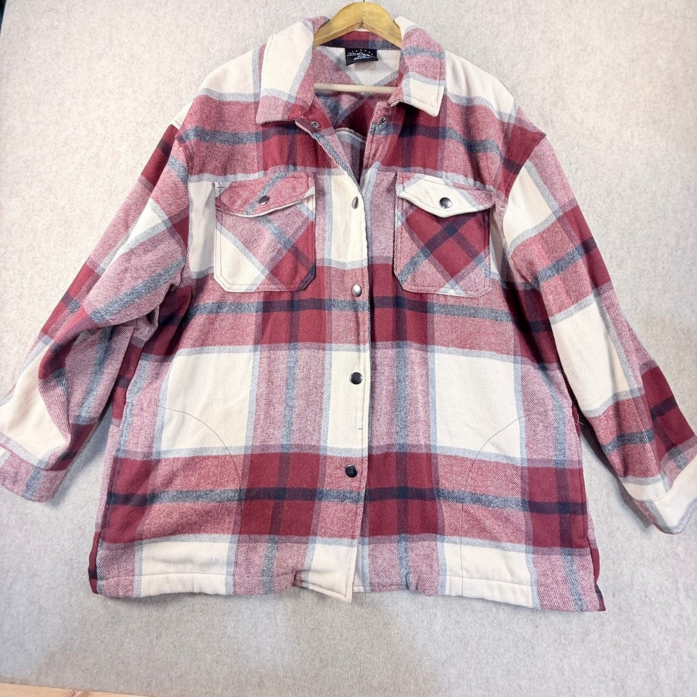 HFX Men XL Red Cream Plaid Flannel Shirt Jacket Snap Front Shacket Pockets